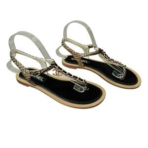 Chanel CC Chain Thong Fantasy Goatskin Sandal Black Gold Size 37.5 C US 6.5 7
